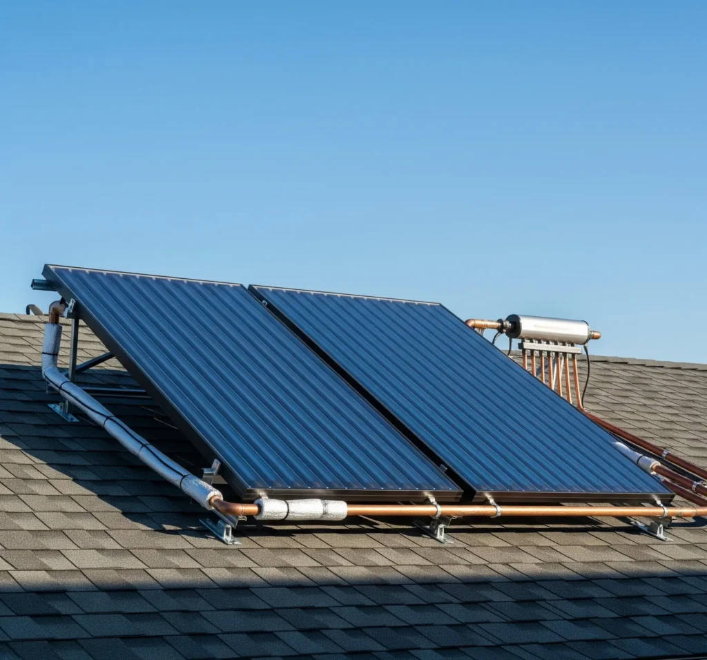 Riscaldamento con Impianto solare termico sul tetto di una casa